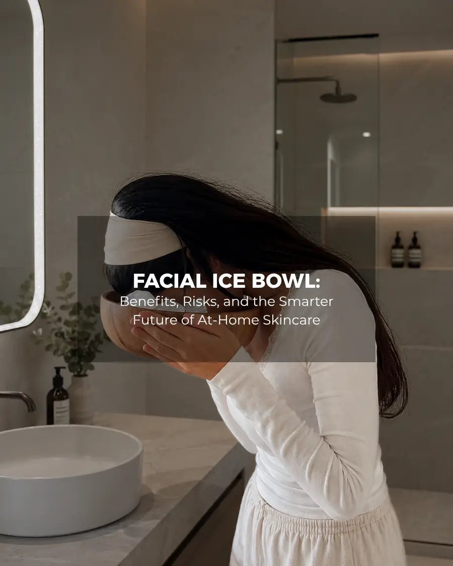 Woman leaning over ice bowl in bathroom, facial dunking benefits cover