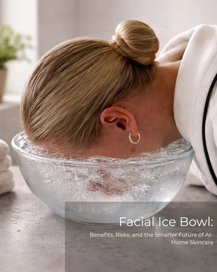 woman doing facial ice bowl cold therapy skincare routine at home to reduce puffiness