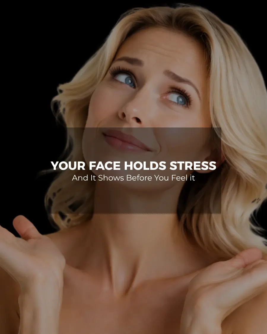 Puzzled blonde woman on cover about facial stress and neck tension
