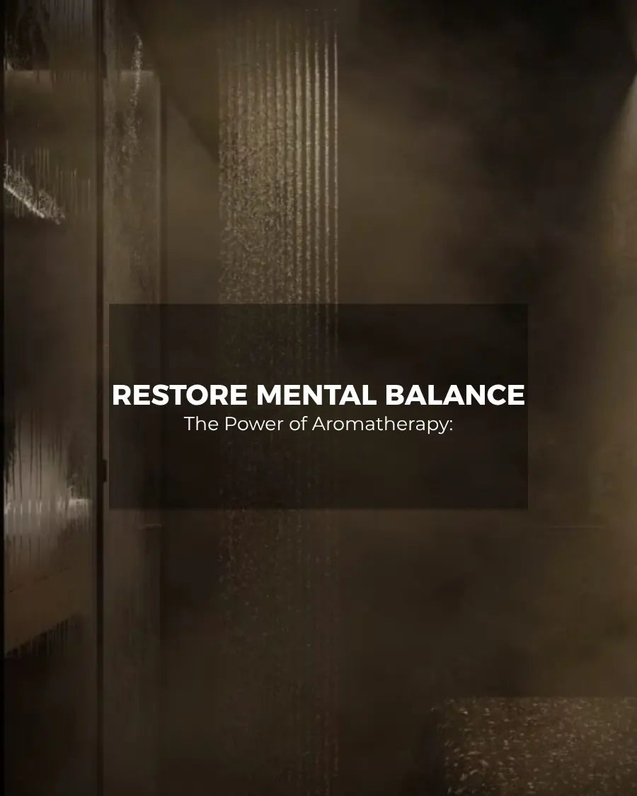 Steam rising in dark shower, aromatherapy mental balance blog cover