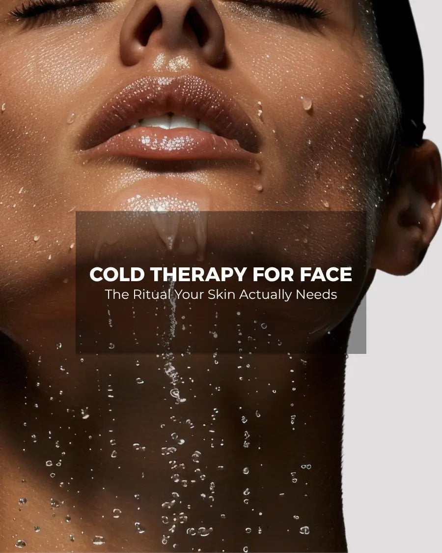 Cover for facial cold therapy article, woman's face covered in water droplets