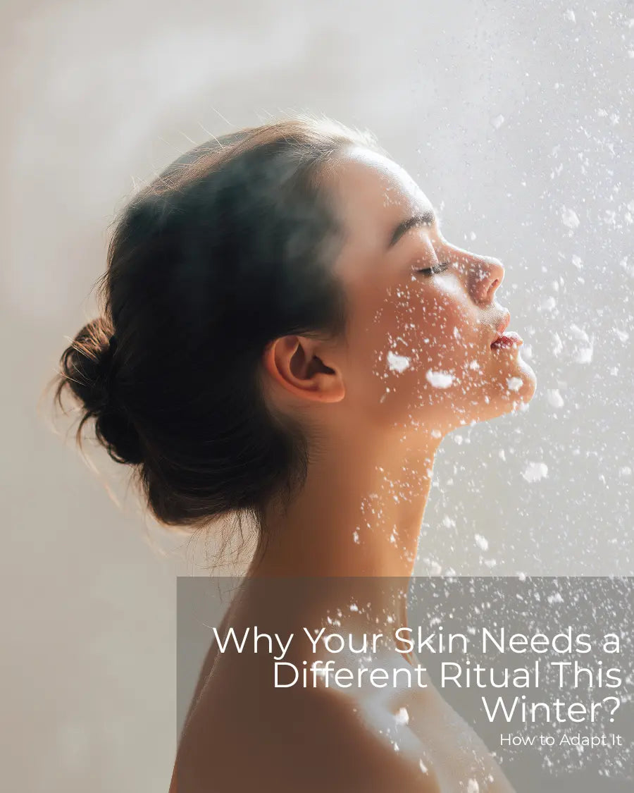 woman enjoying nano ionic steam with snow effect representing winter skincare ritual by Frosteam