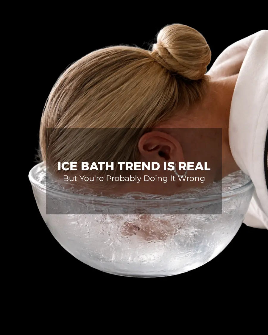Woman dipping face into glass ice bath bowl, trend article cover