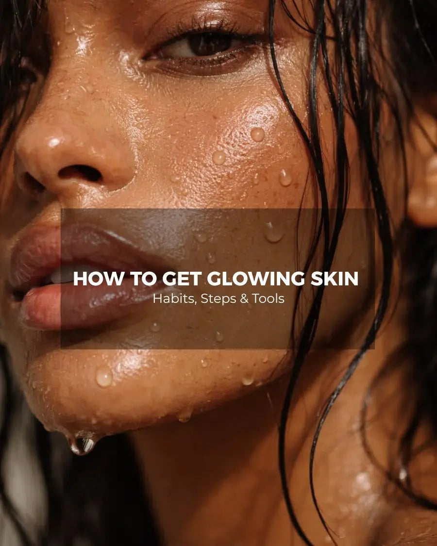 Close-up of dewy, hydrated skin with water droplets, cover image for the guide on how to get glowing skin naturally