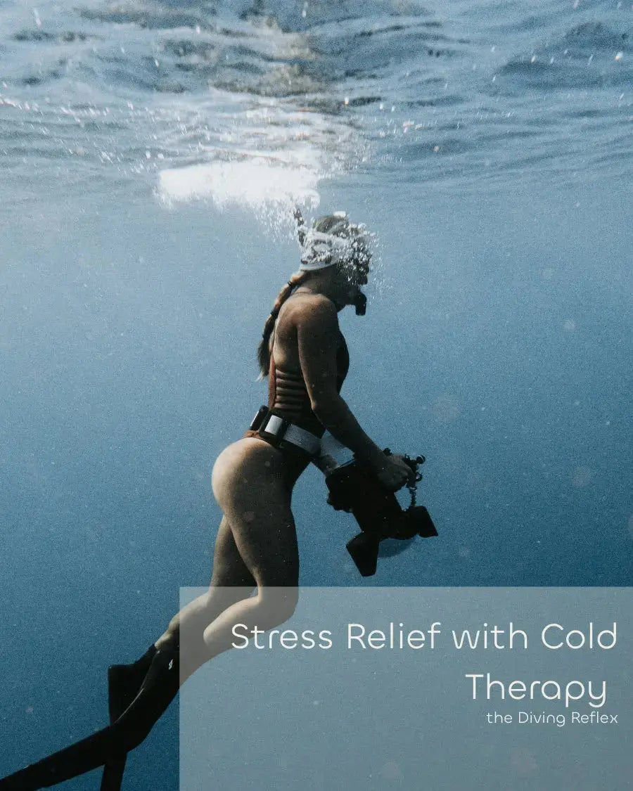 Freediver underwater illustrating the diving reflex, used as a metaphor for stress relief with cold therapy by Frosteam.
