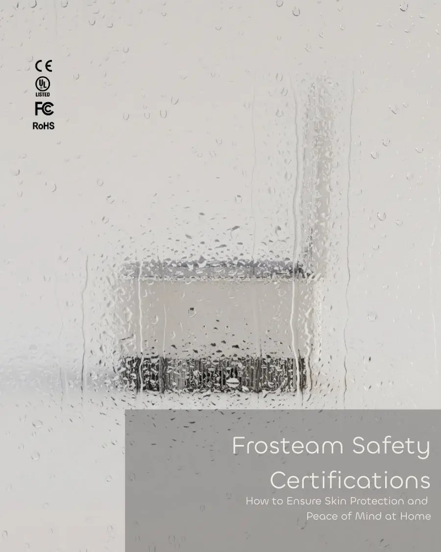 Frosteam 3-in-1 skincare device with CE, UL, FCC, and RoHS safety certifications shown behind glass with water droplets