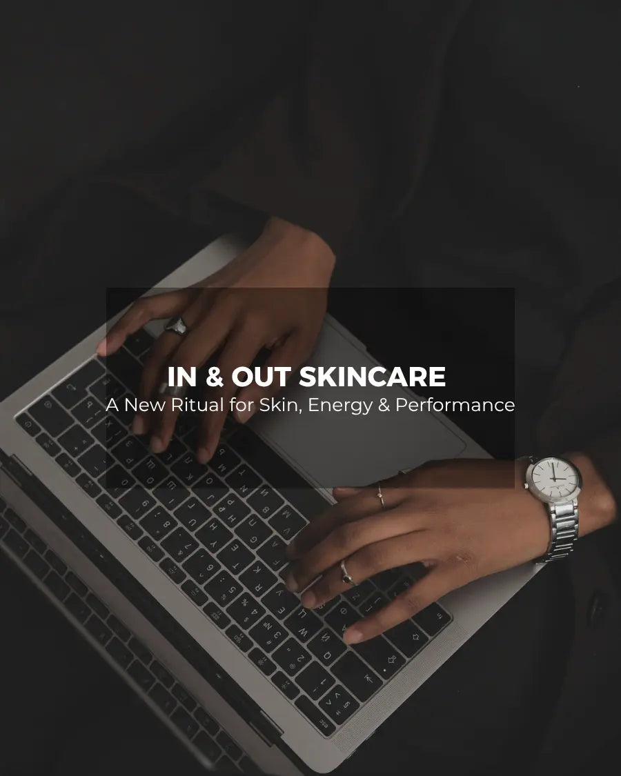 Hands typing on laptop, in-and-out skincare energy ritual cover