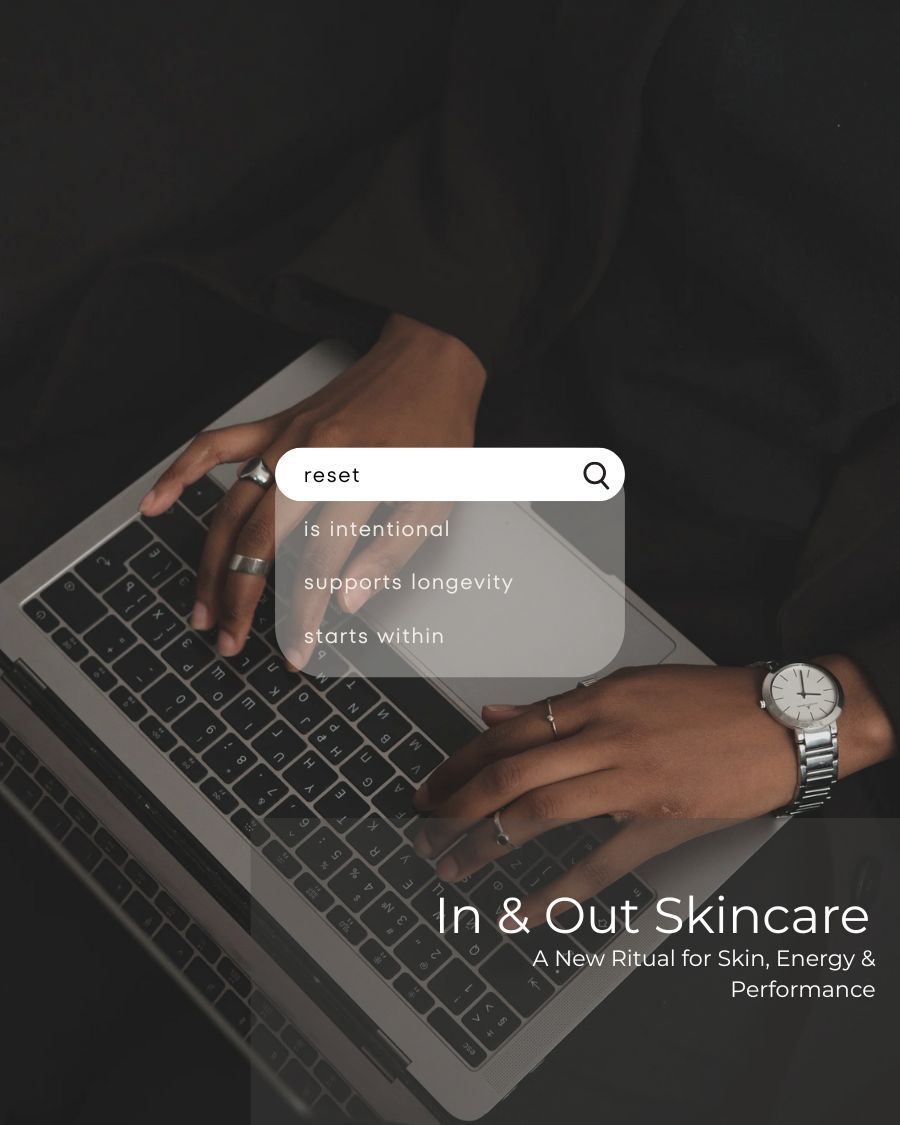 In & Out skincare blog cover highlighting the idea that glow starts within through balance, calm energy, and intentional rituals