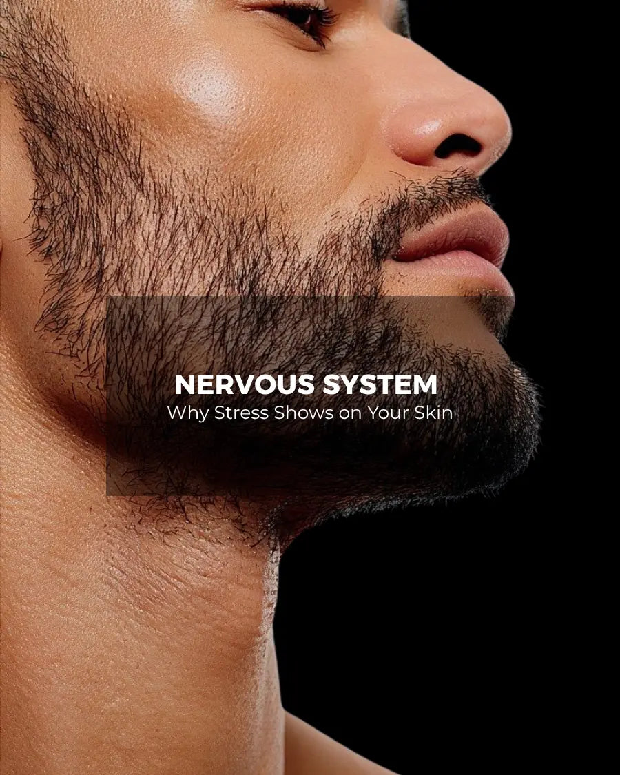 Man's jawline profile on cover about stress showing on skin