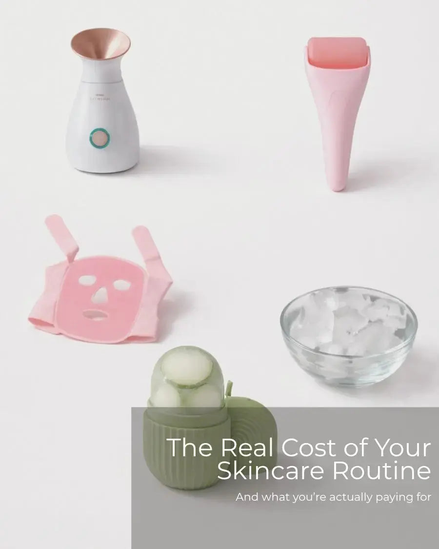 Skincare tools like ice roller, facial steamer and mask showing the real cost of a skincare routine compared to an all-in-one device