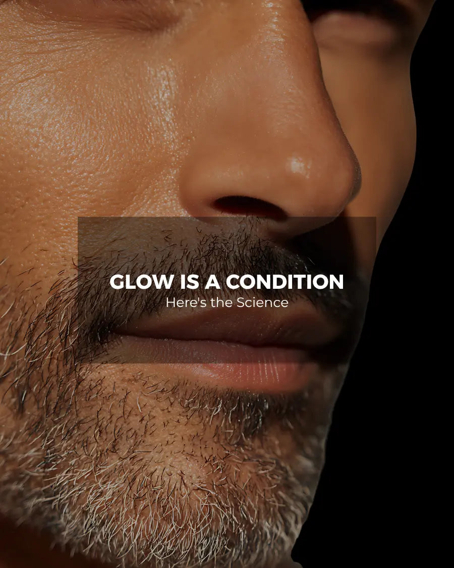 Blog cover on skin glow science, close-up of man's radiant bearded face
