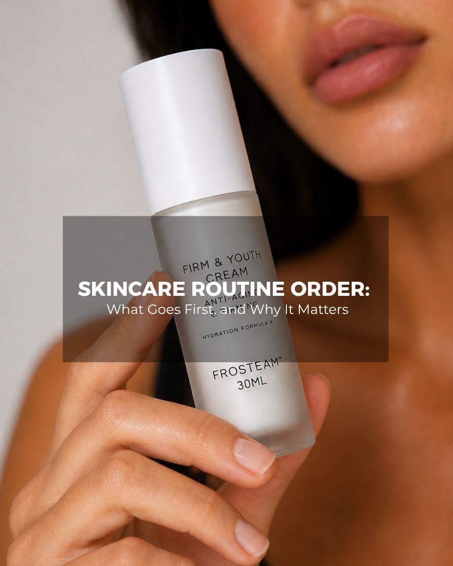 Woman holding Frosteam Face Cream to her cheek, illustrating the moisturizer step in a skincare routine order.