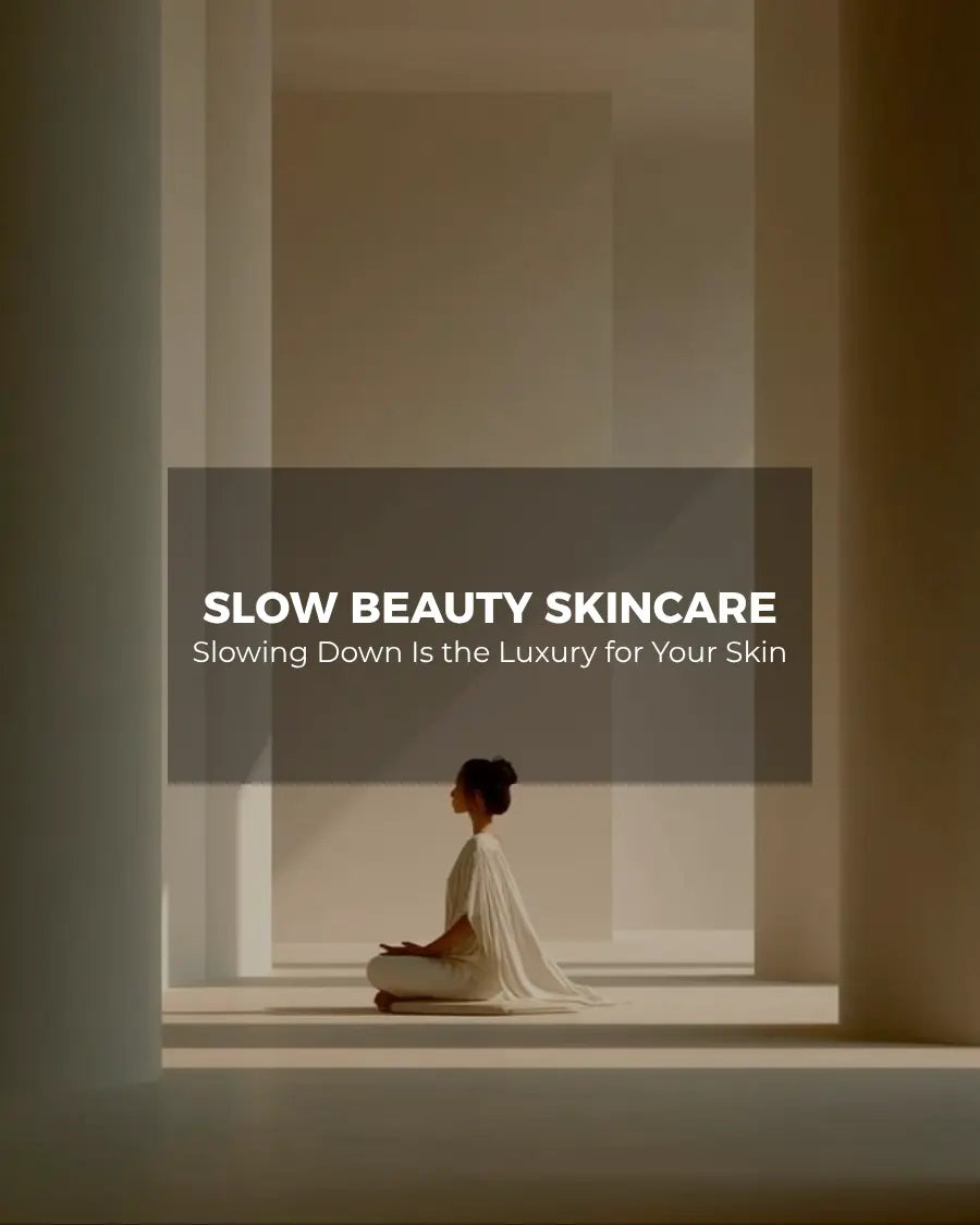 Woman meditating in sunlit hall, slow beauty skincare luxury cover