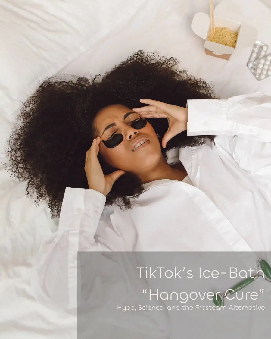 Woman relaxing in bed after night out – TikTok hangover cure vs Frosteam wellness ritual