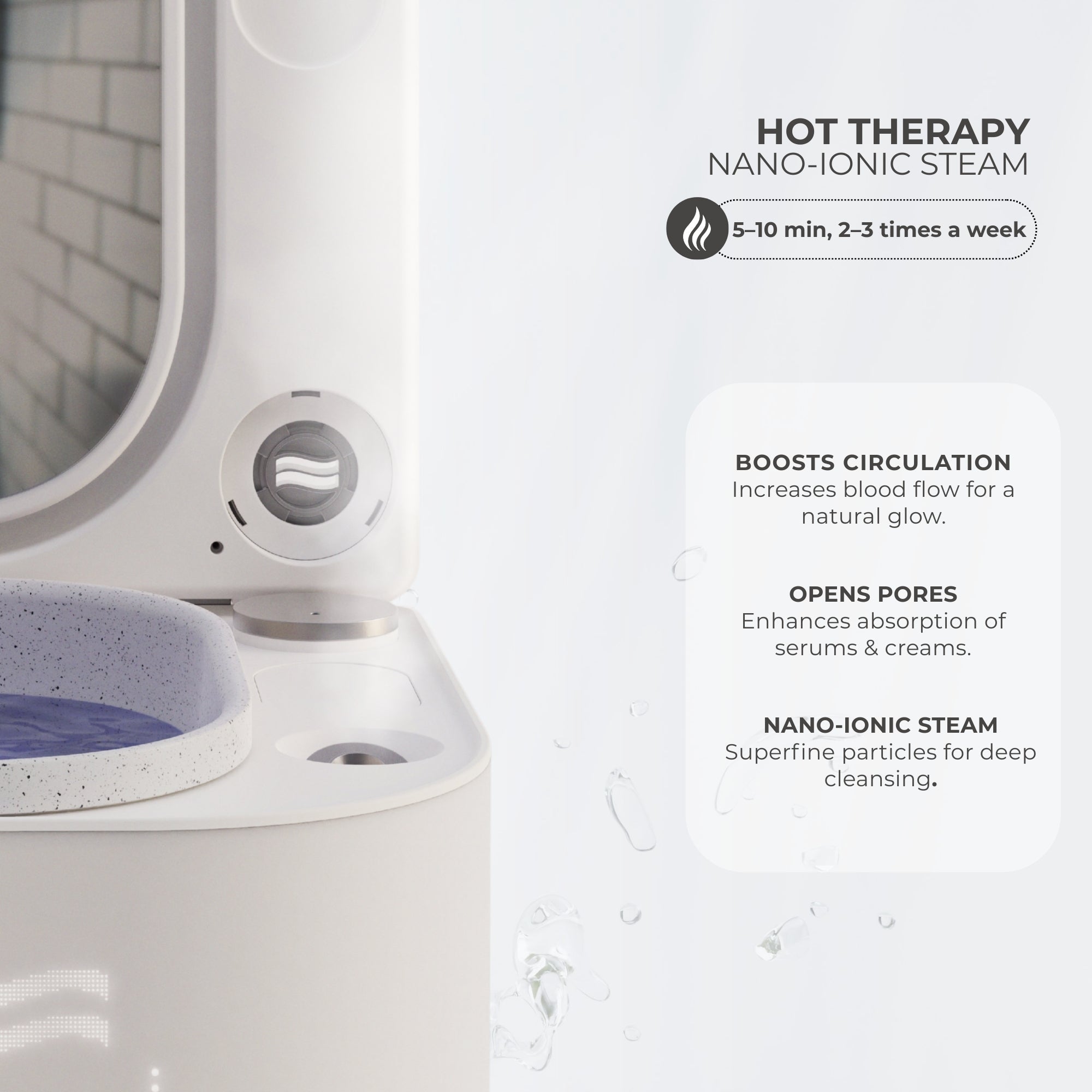 Close-up of the Frosteam facial device showing the nano-ionic steam outlet and water basin, with text highlighting hot therapy benefits such as boosted circulation, opened pores, and enhanced absorption of serums and creams.
