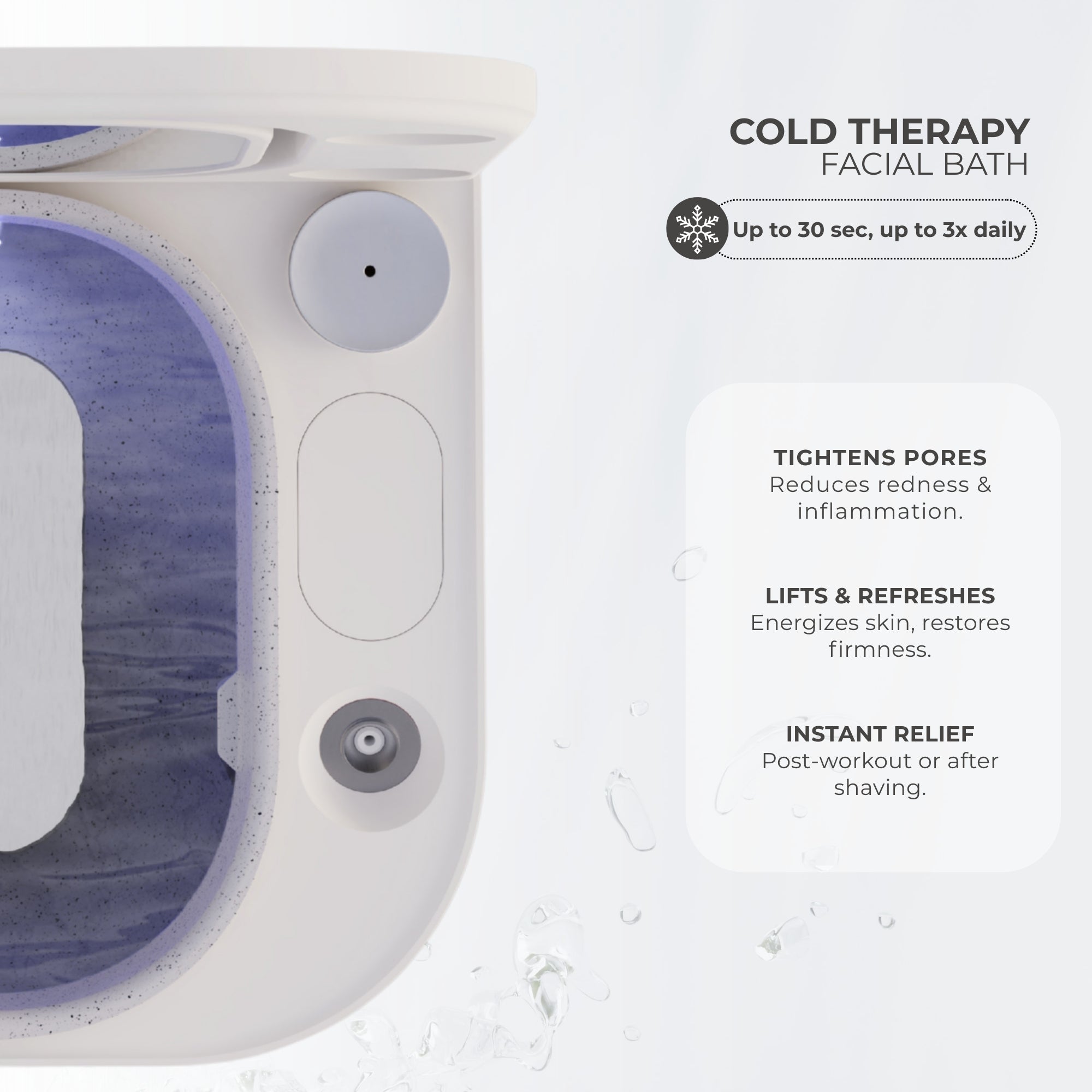 Close-up of the Frosteam cold therapy facial bath showing the chilled aluminum plate and basin, with text describing benefits such as tightening pores, reducing redness and inflammation, refreshing the skin, and providing instant relief post-workout or after shaving.