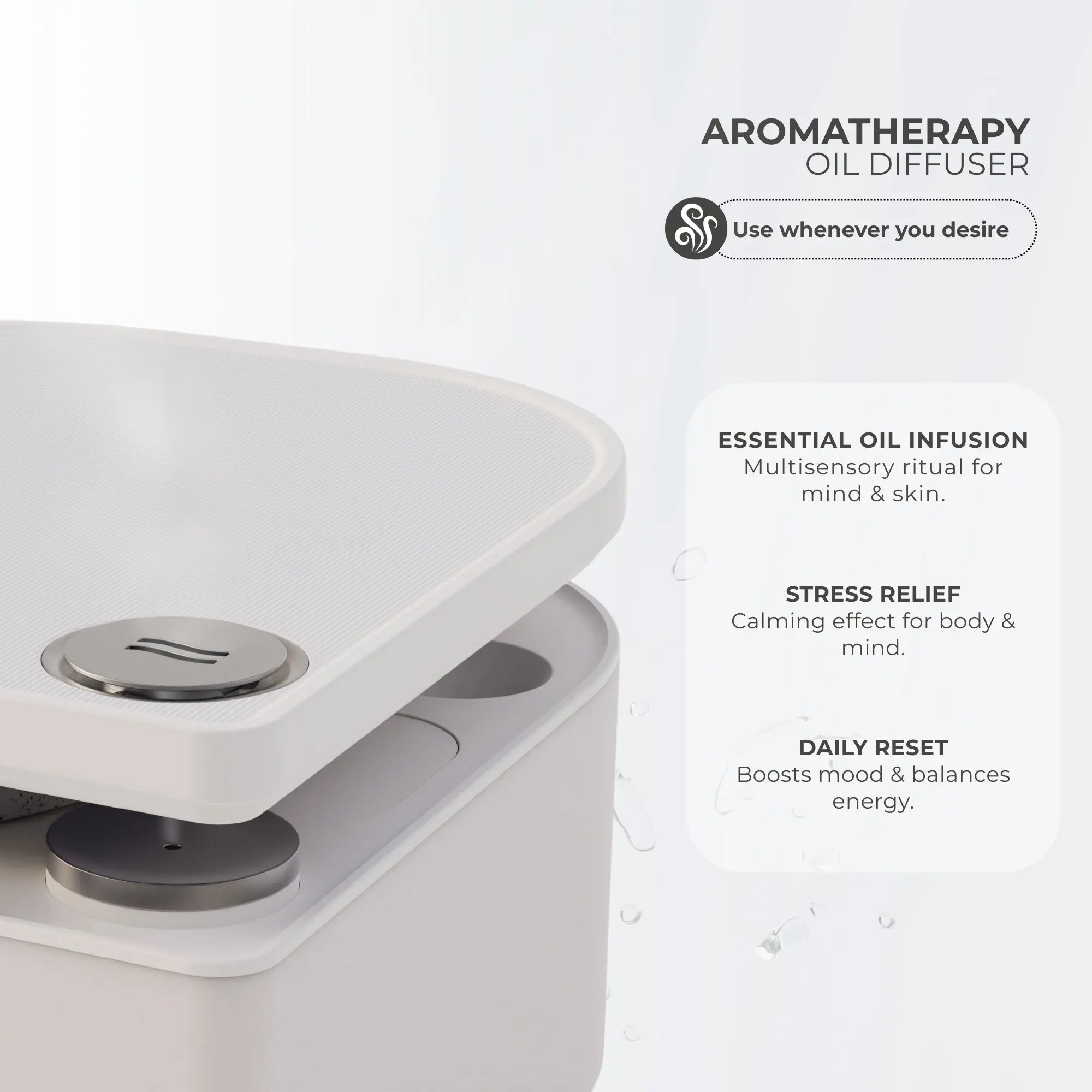 Close-up of the Frosteam aromatherapy diffuser lid and essential oil tray, with text highlighting benefits such as multisensory essential oil infusion, stress relief, and a daily mood-reset ritual for body and mind.