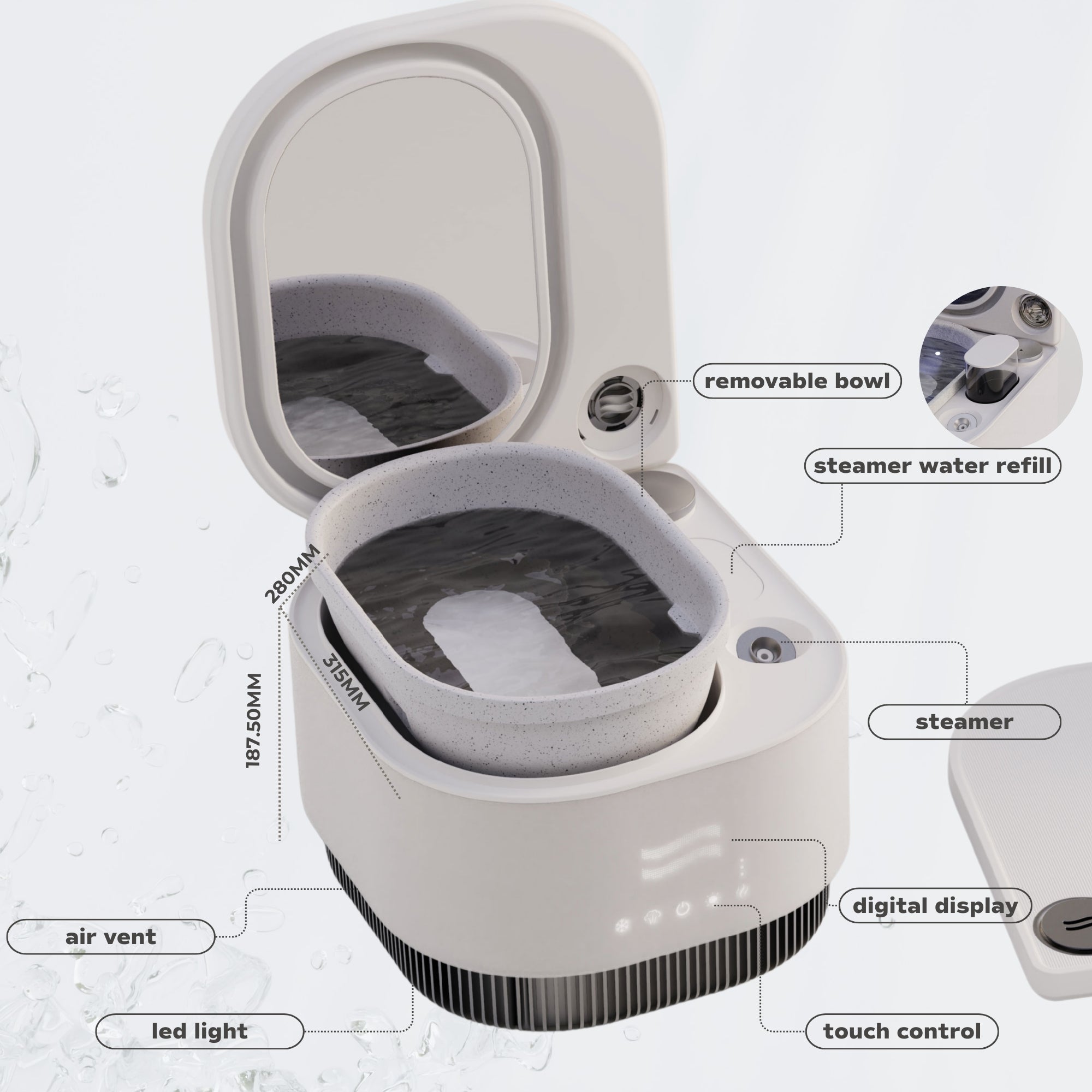 Labeled diagram of the Frosteam 3-in-1 facial device showing its components, including the removable cold bowl, steamer water refill port, steamer outlet, digital display, touch controls, LED light base, and air vent.
