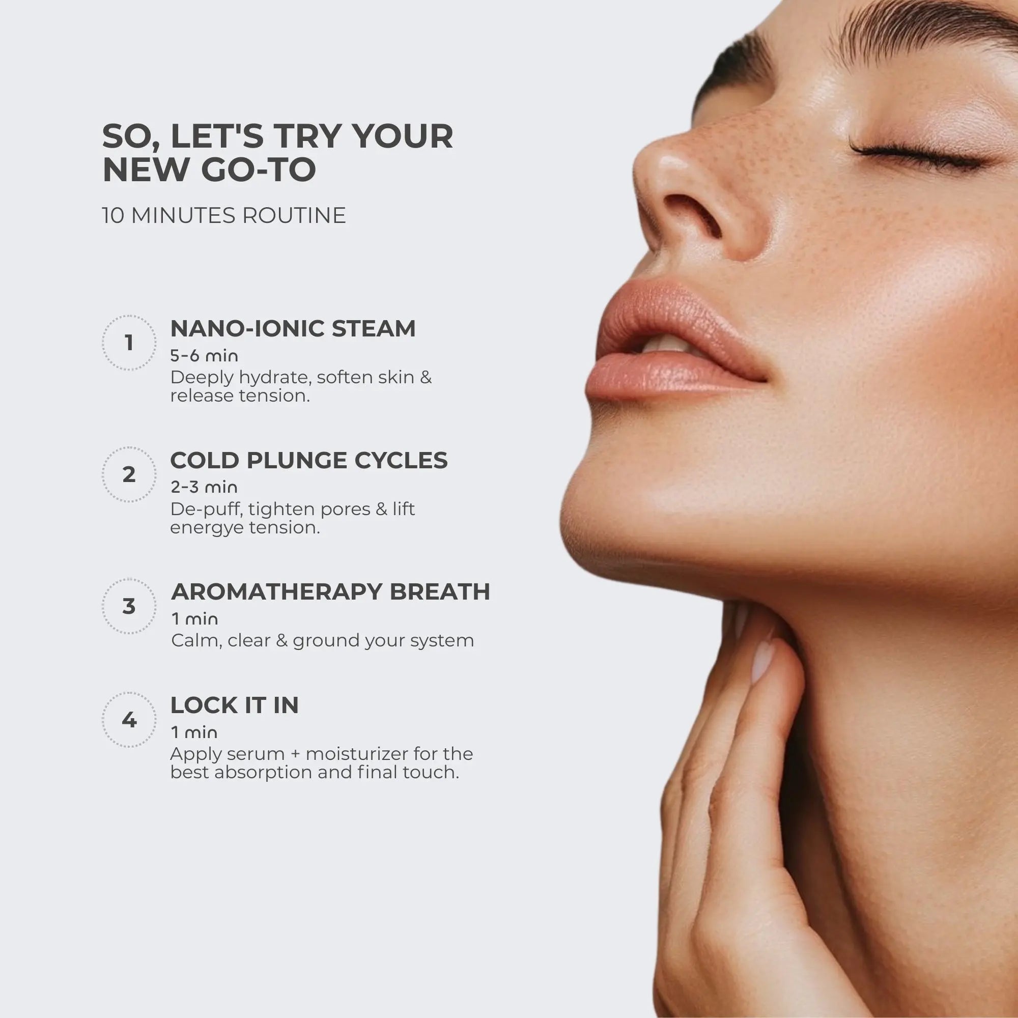 Side profile of a woman with glowing skin and closed eyes beside a 10-minute skincare routine guide featuring nano-ionic steam, cold plunge cycles, aromatherapy breathwork, and serum application for deeper hydration and tension release.