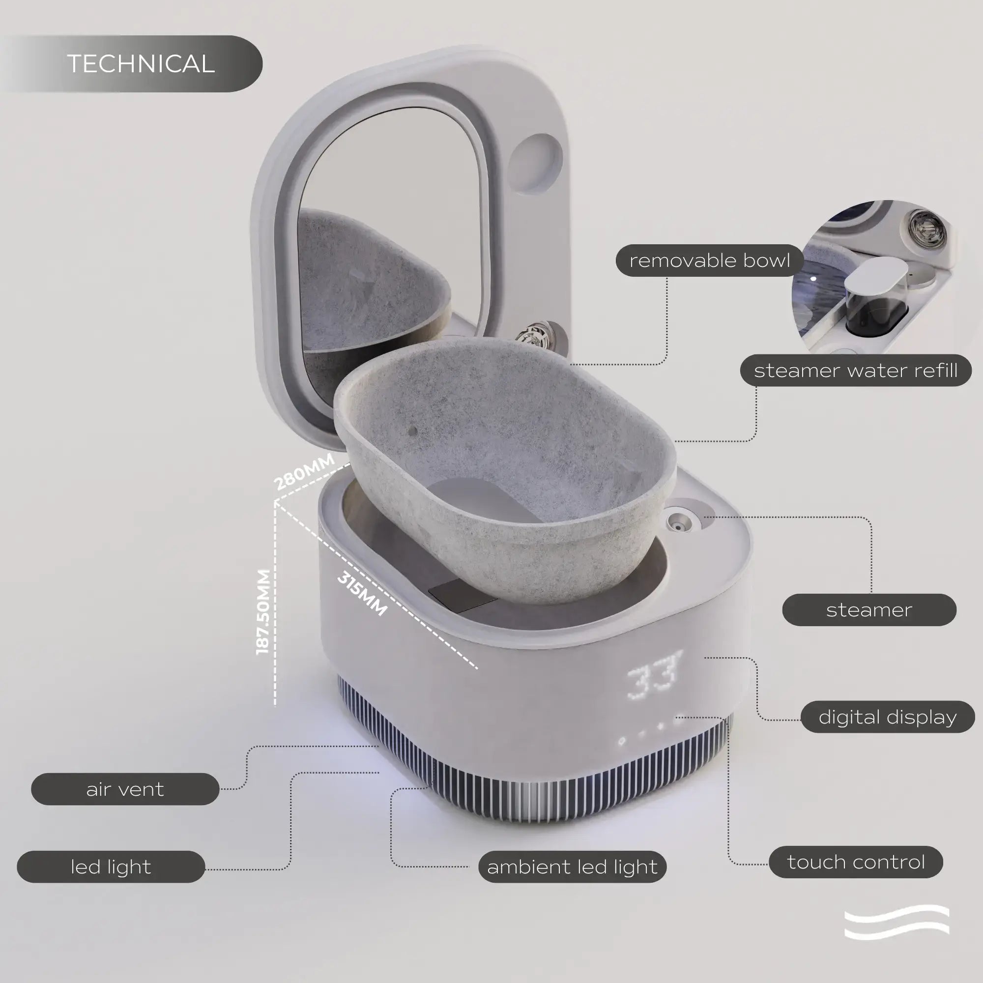 Frosteam™ technical specifications showing removable bowl, digital display, LED light, and touch control design.
