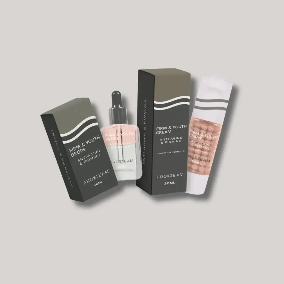 Frosteam Firm & Youth Duo skincare set with anti-aging face cream and revitalizing aqua drops serum, shown with packaging