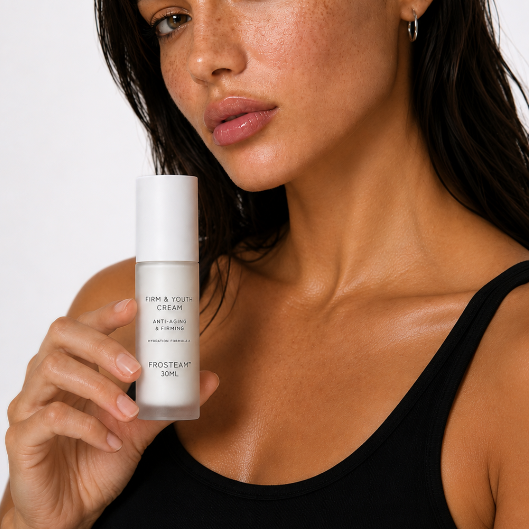Woman holding the Frosteam Firm & Youth Face Cream bottle