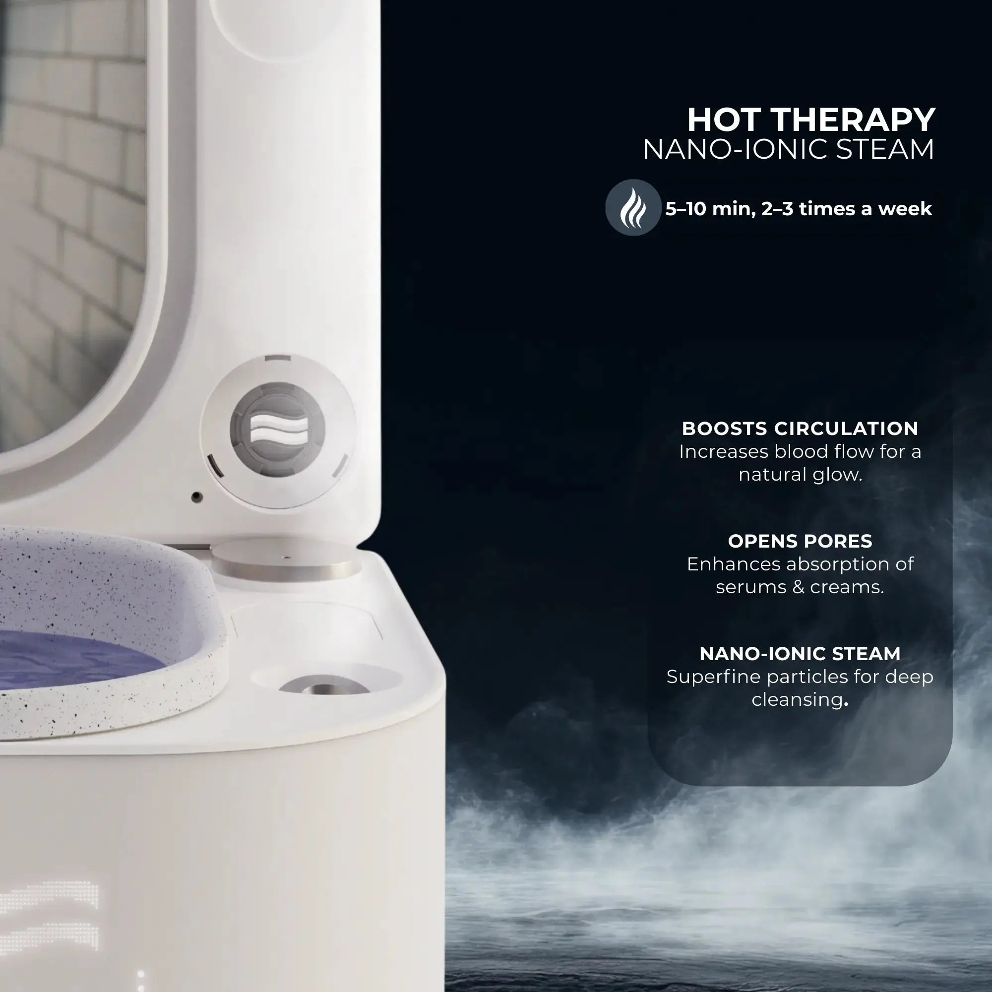 Frosteam hot therapy with nano-ionic steam, designed to boost circulation, open pores, and enhance skincare absorption during facial treatments.