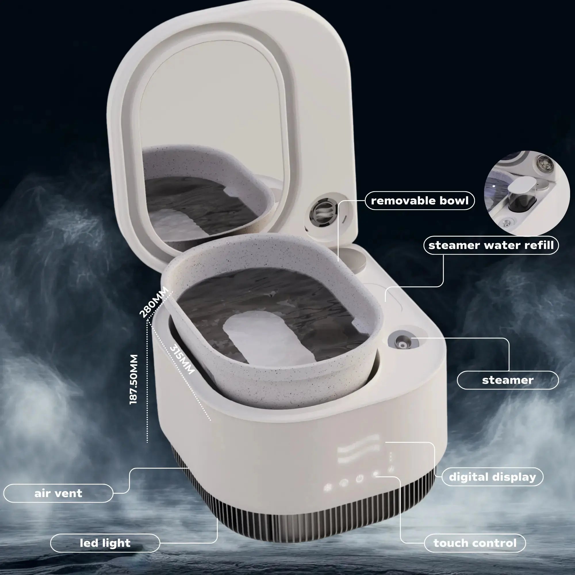 Frosteam 3-in-1 skincare wellness device with removable bowl, nano-ionic steamer, cold facial bath, digital display, touch controls, LED light, and water refill system.