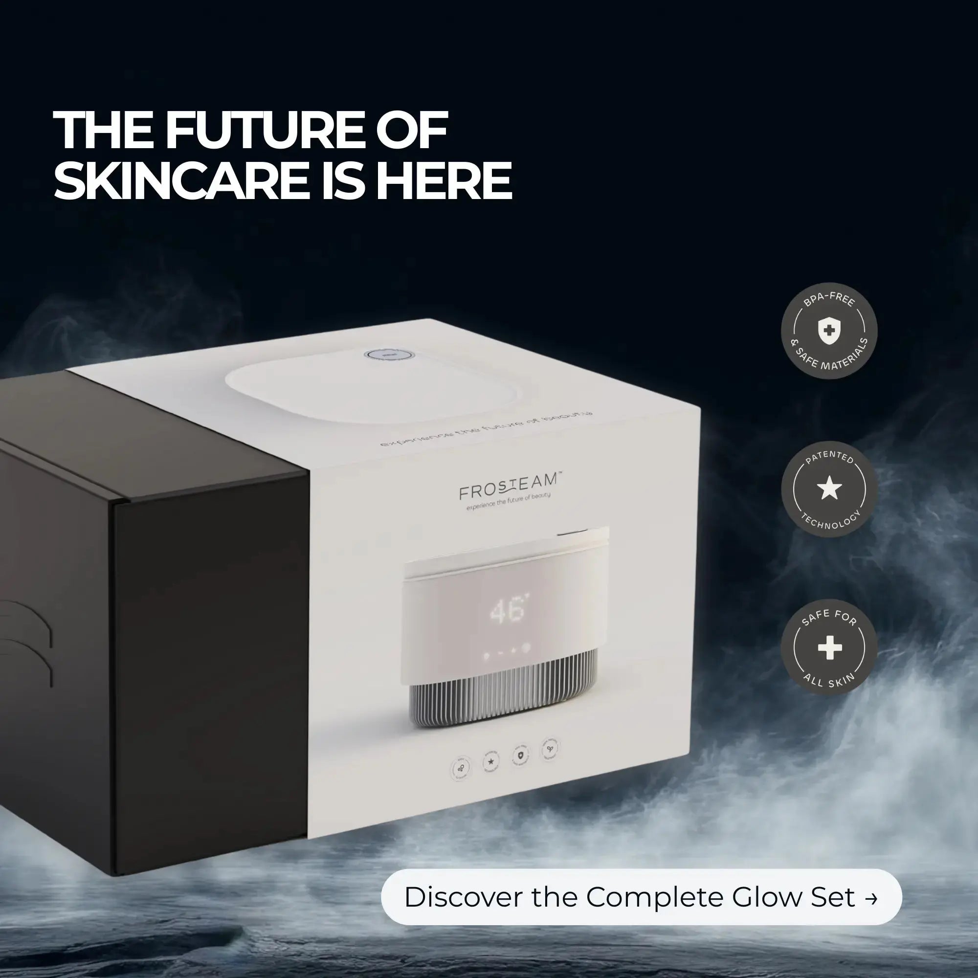 Frosteam 3-in-1 skincare wellness device packaging showcasing modern cold therapy, steam technology, and aromatherapy for an elevated at-home skincare ritual.