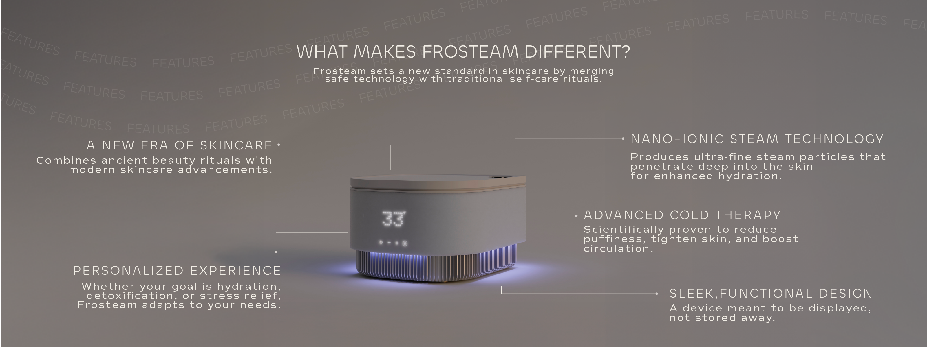 Frosteam 3-in-1 skincare device showing key benefits: nano-ionic steam, cold therapy, sleek design.