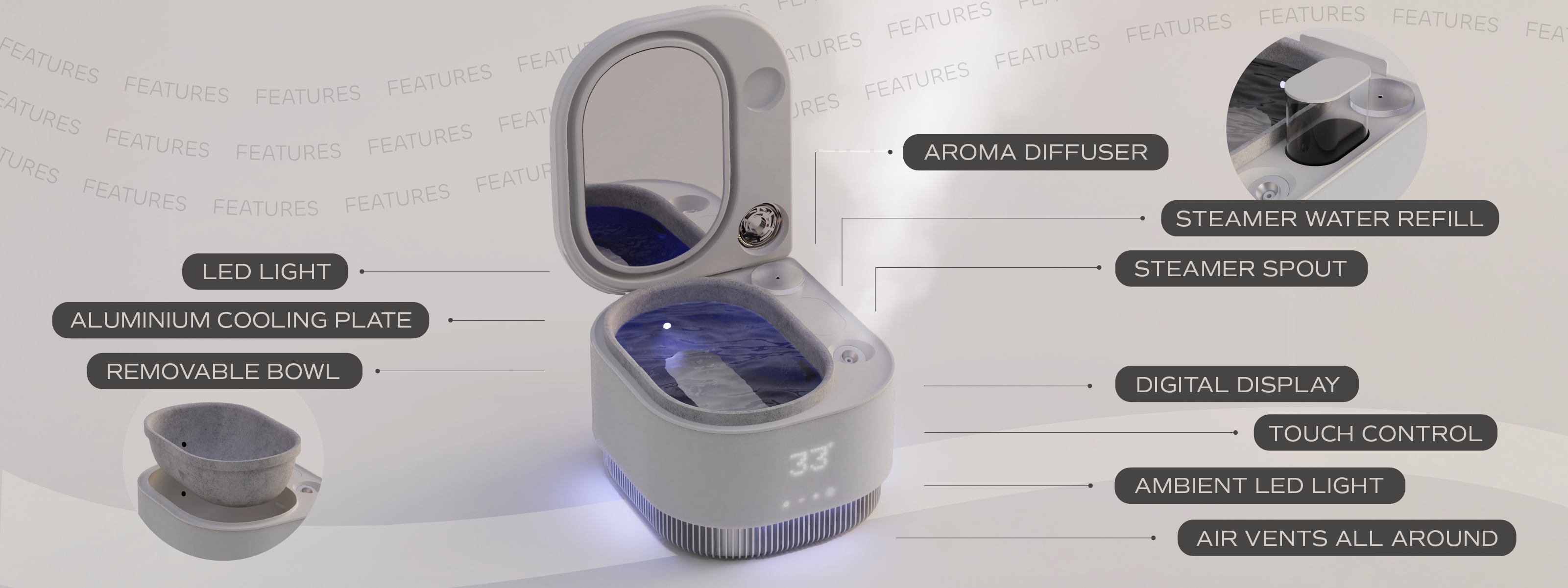 Open Frosteam device with mirror highlighting features: steam spout, aroma diffuser, cooling plate, digital display