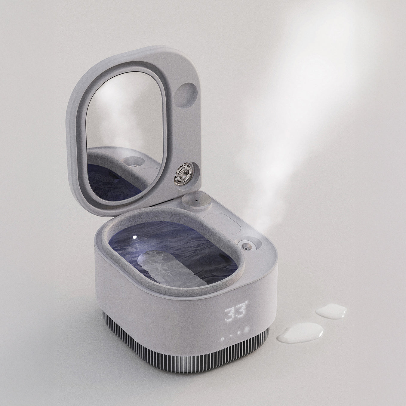 Frosteam device in use with open mirror and nano-ionic steam for facial hydration.