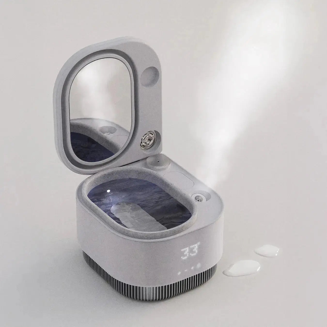 Frosteam device in use with open mirror and nano-ionic steam for facial hydration.
