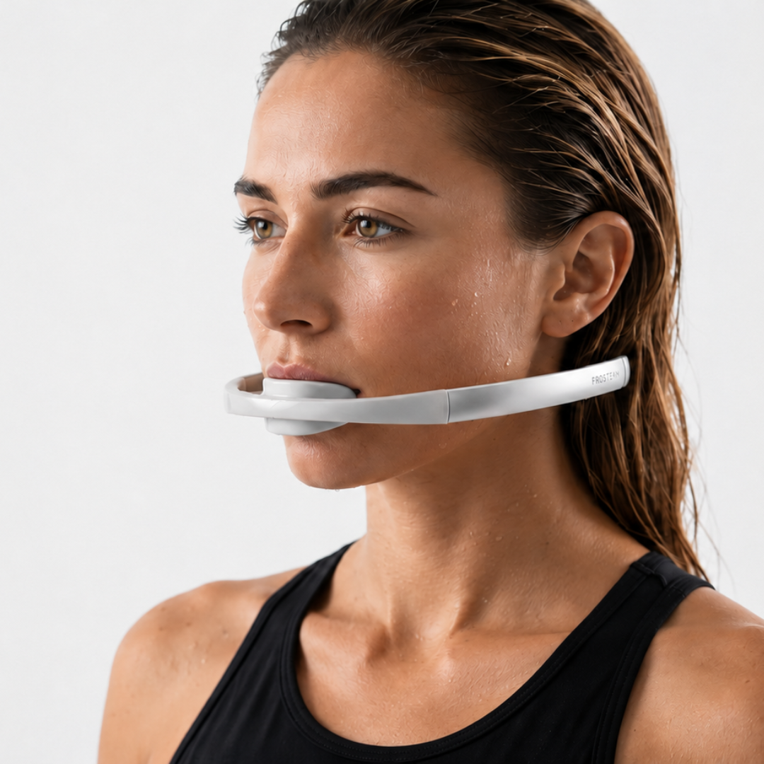 Woman wearing the Frosteam Dive Breather during a cold therapy session
