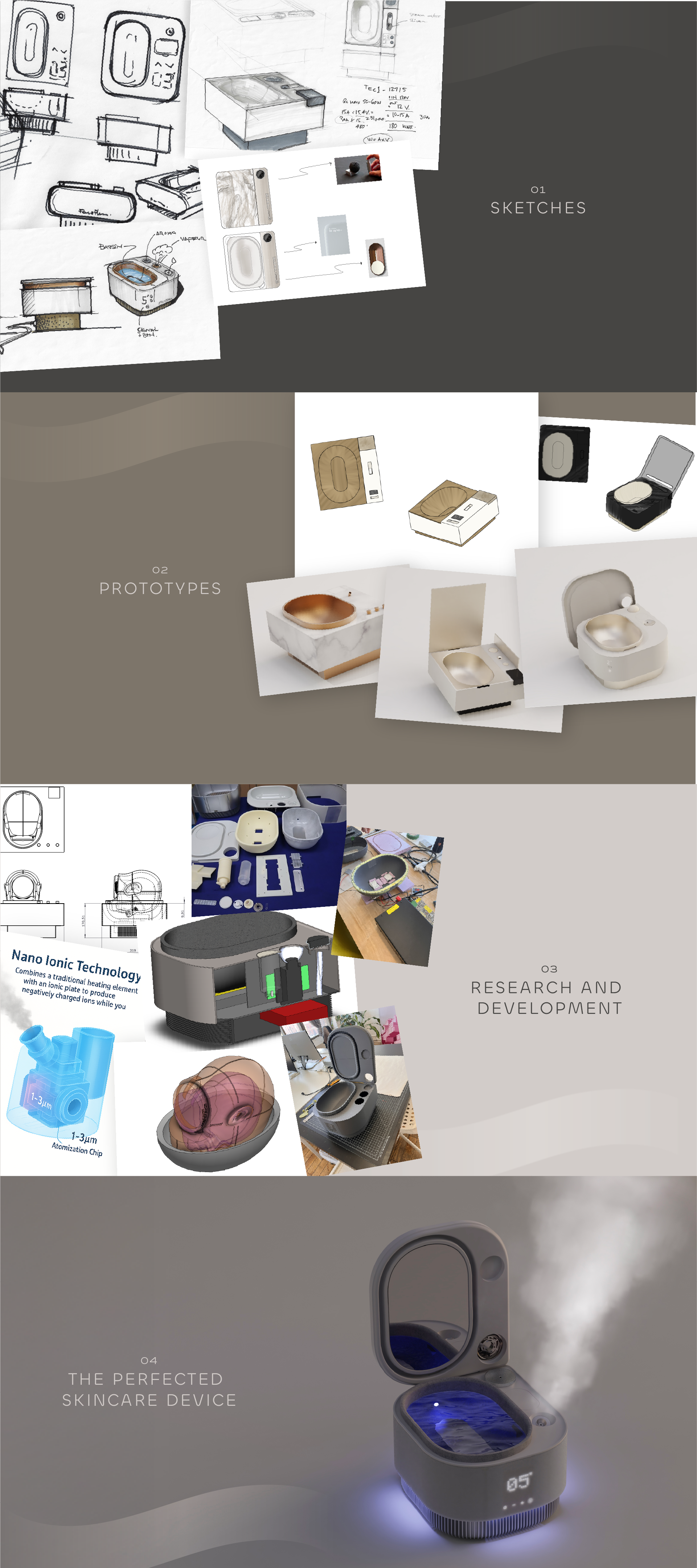 Frosteam product evolution showing sketches, prototypes, research, and final 3-in-1 skincare device with steam and cold therapy.