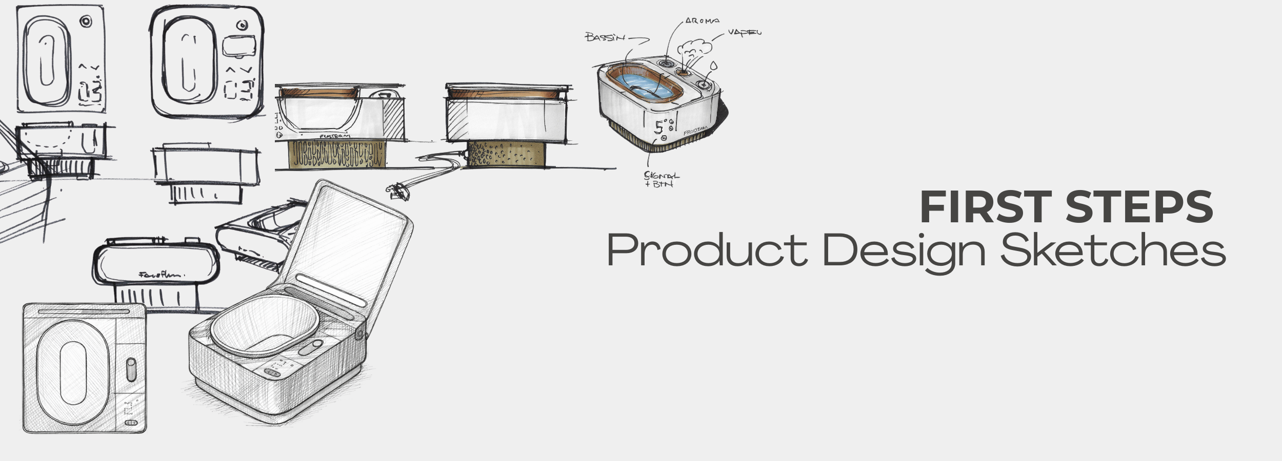 Early Frosteam product design sketches illustrating the first concept stages of the 3-in-1 facial skincare device, including steam, cold therapy, and aromatherapy features