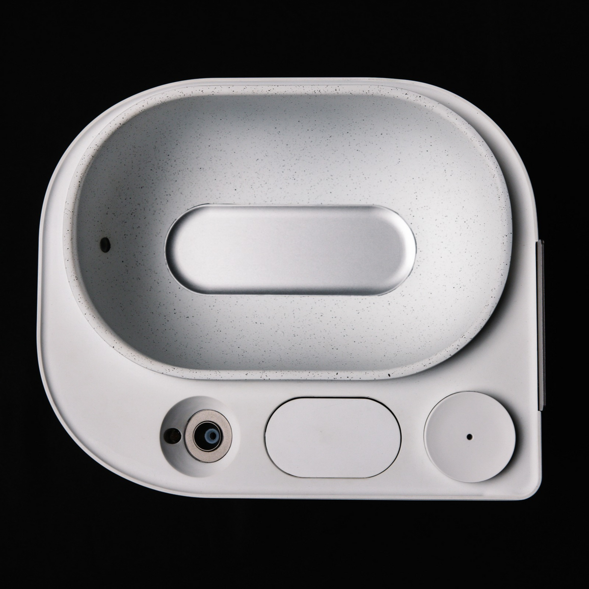 Top view of Frosteam Harmony: cold-plunge basin, nano-ionic steam outlet and aromatherapy diffuser