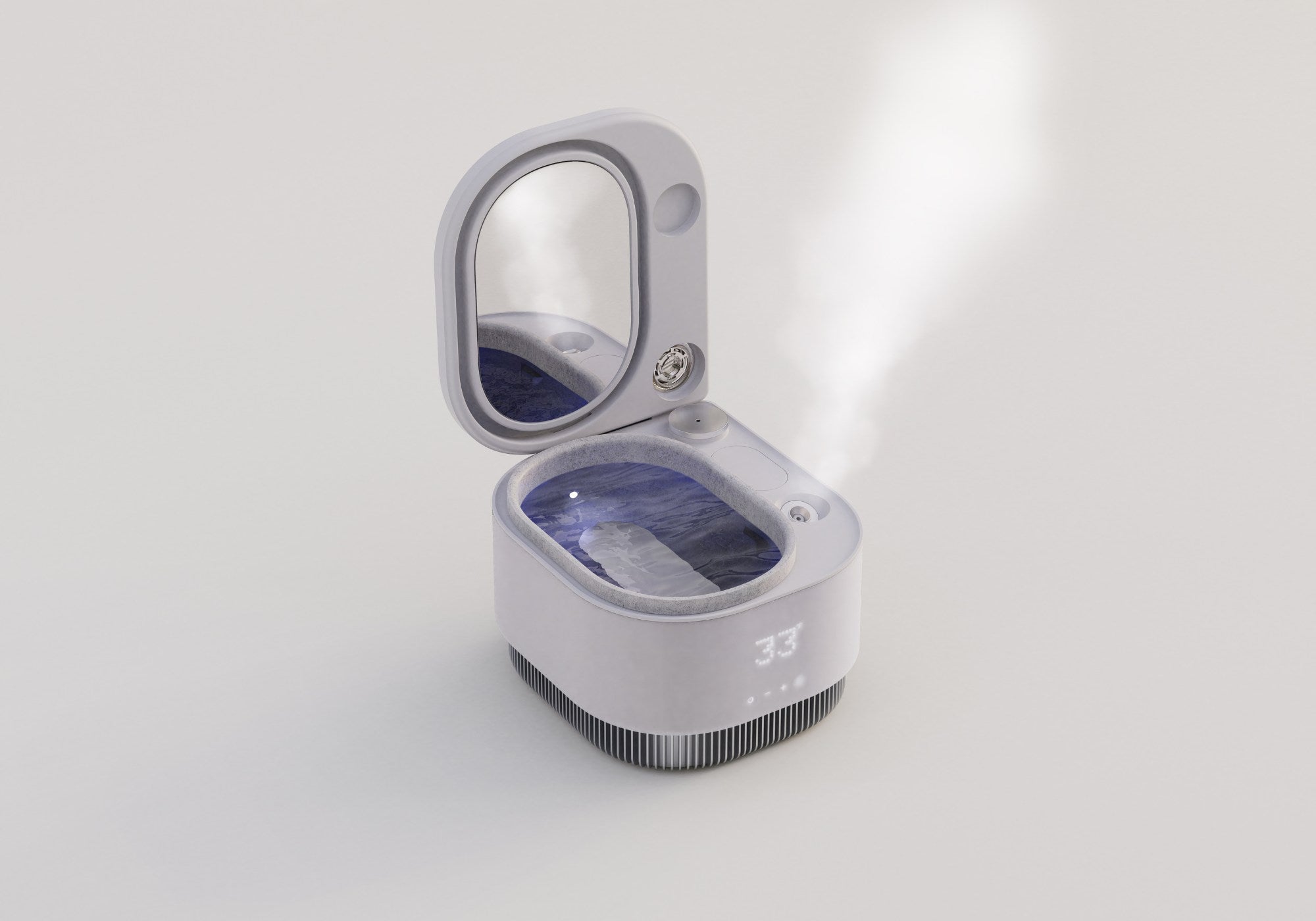 Frosteam device open with nano-ionic steam and built-in mirror