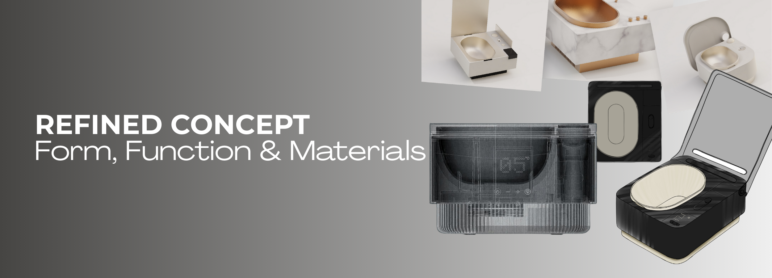 Refined Frosteam product concept showcasing form, function, and material development of the 3-in-1 facial skincare device, from internal structure to final design