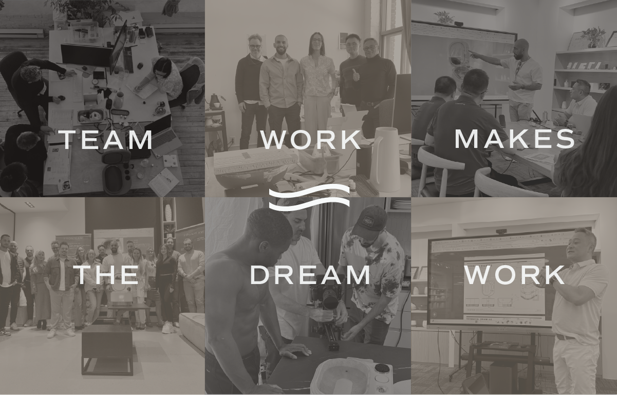 Frosteam team working together on product design, development, and innovation with the phrase team work makes the dream work.