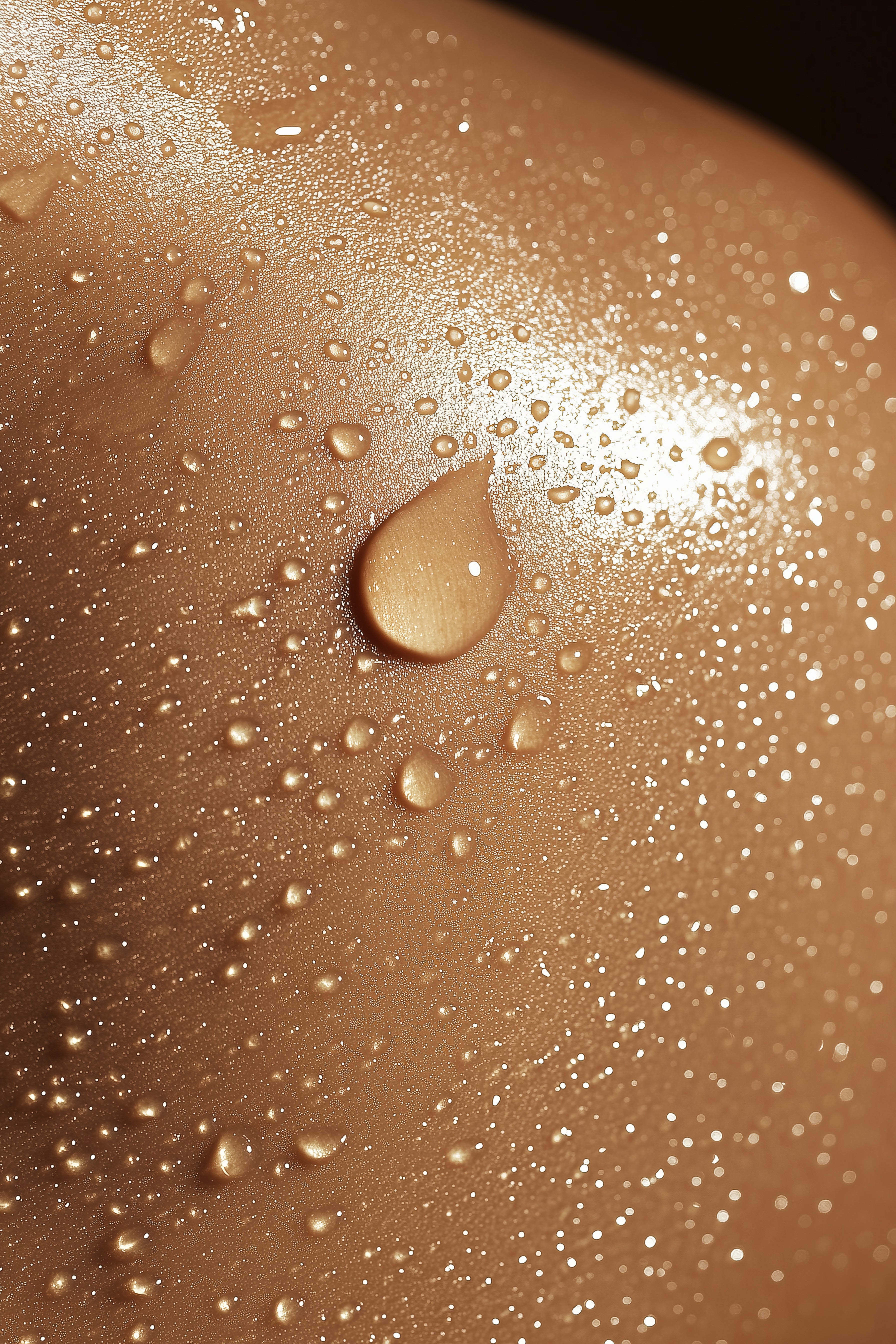 Close-up golden textured surface with water drops, used for Frosteam skincare branding and premium visuals.