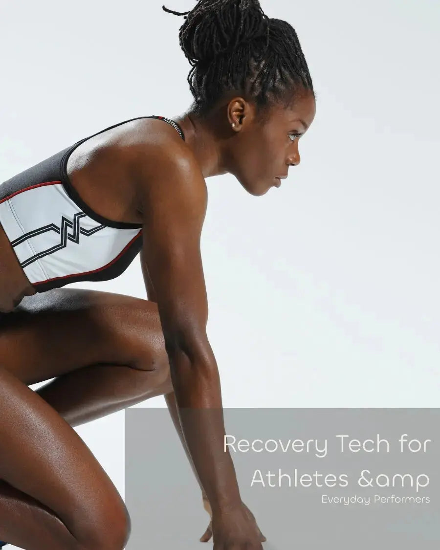 Female athlete preparing to sprint, representing recovery and performance benefits of cold therapy.
