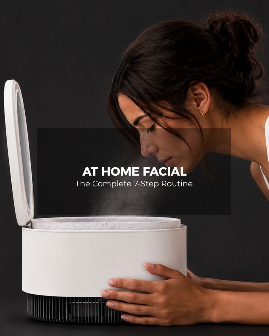 Warm facial steam from a Frosteam Harmony device, the third step of an at home facial.