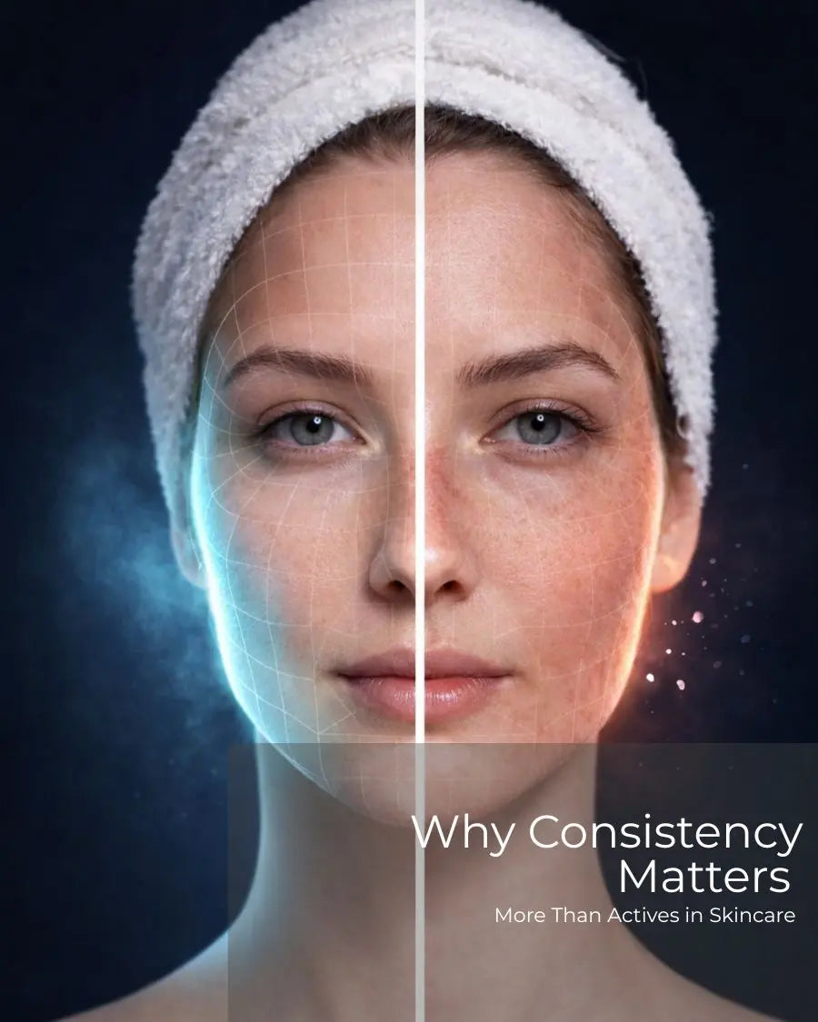 Clinical split-face visualization comparing balanced skin barrier health with inflamed, overstimulated skin, illustrating the impact of skincare consistency over active intensity.