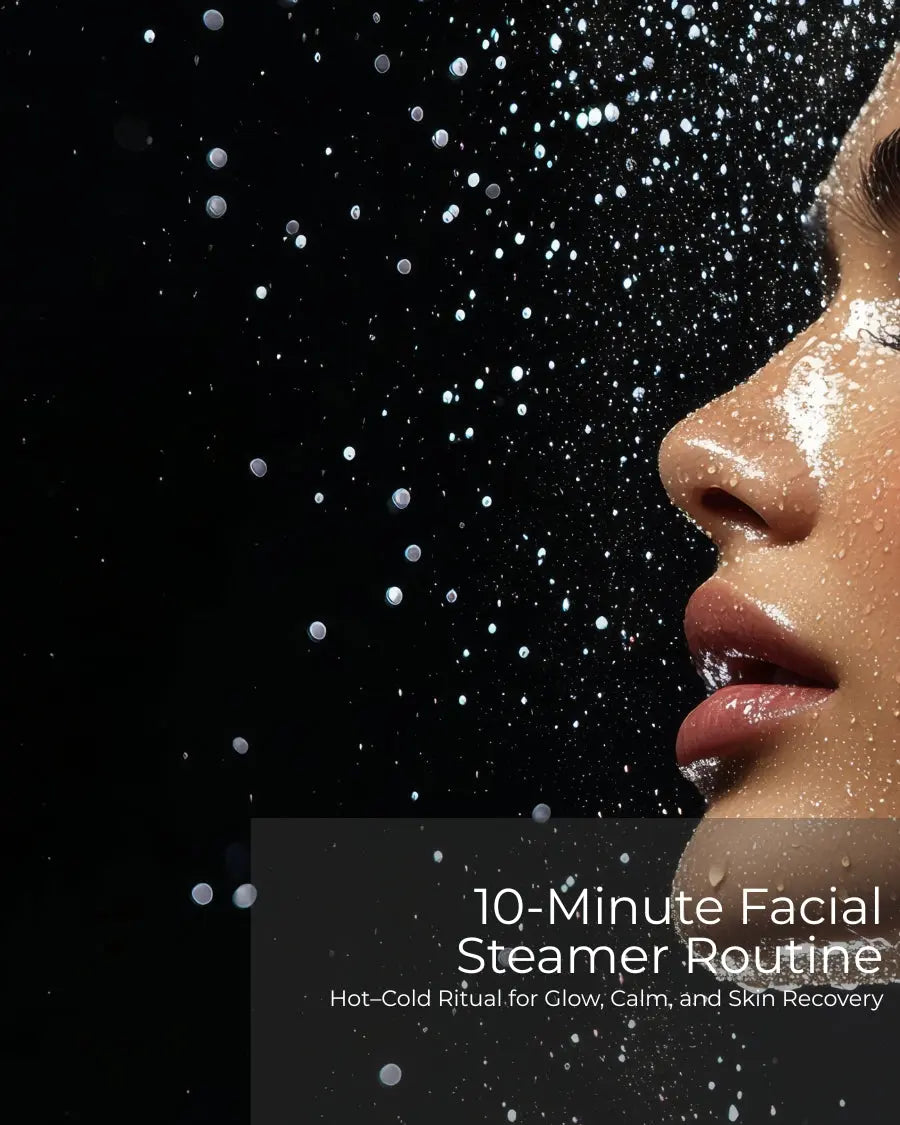 Woman’s face with water droplets illuminated against a dark background, representing Frosteam’s 10-minute facial steamer routine and hot–cold contrast ritual for glow, calm, and skin recovery.