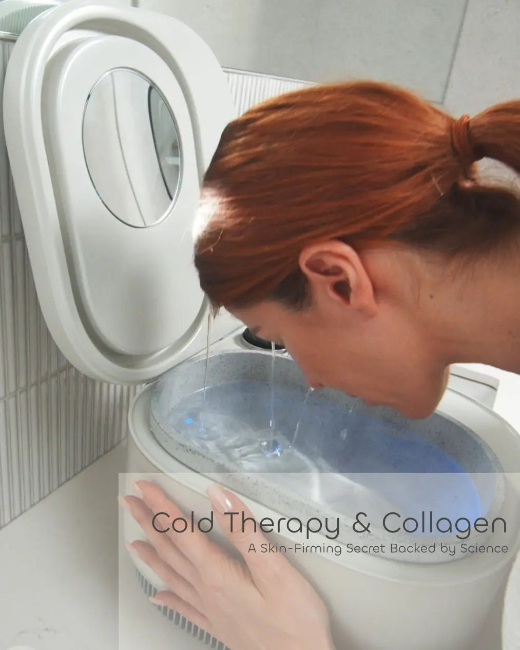 Woman applying cold therapy with Frosteam device to boost collagen production and firm the skin.
