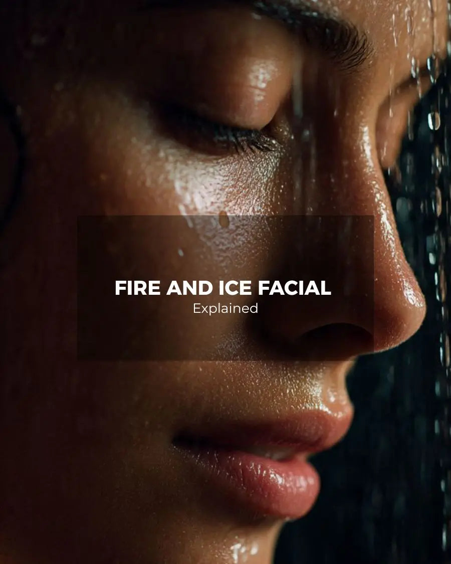 Close-up of a woman's face with water droplets on dewy skin, illustrating the fire and ice facial ritual