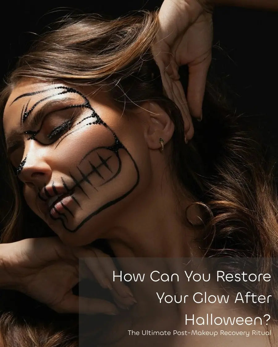 Woman with creative Halloween makeup relaxing after cleansing, representing Frosteam™ post-makeup recovery ritual for glowing, refreshed skin.