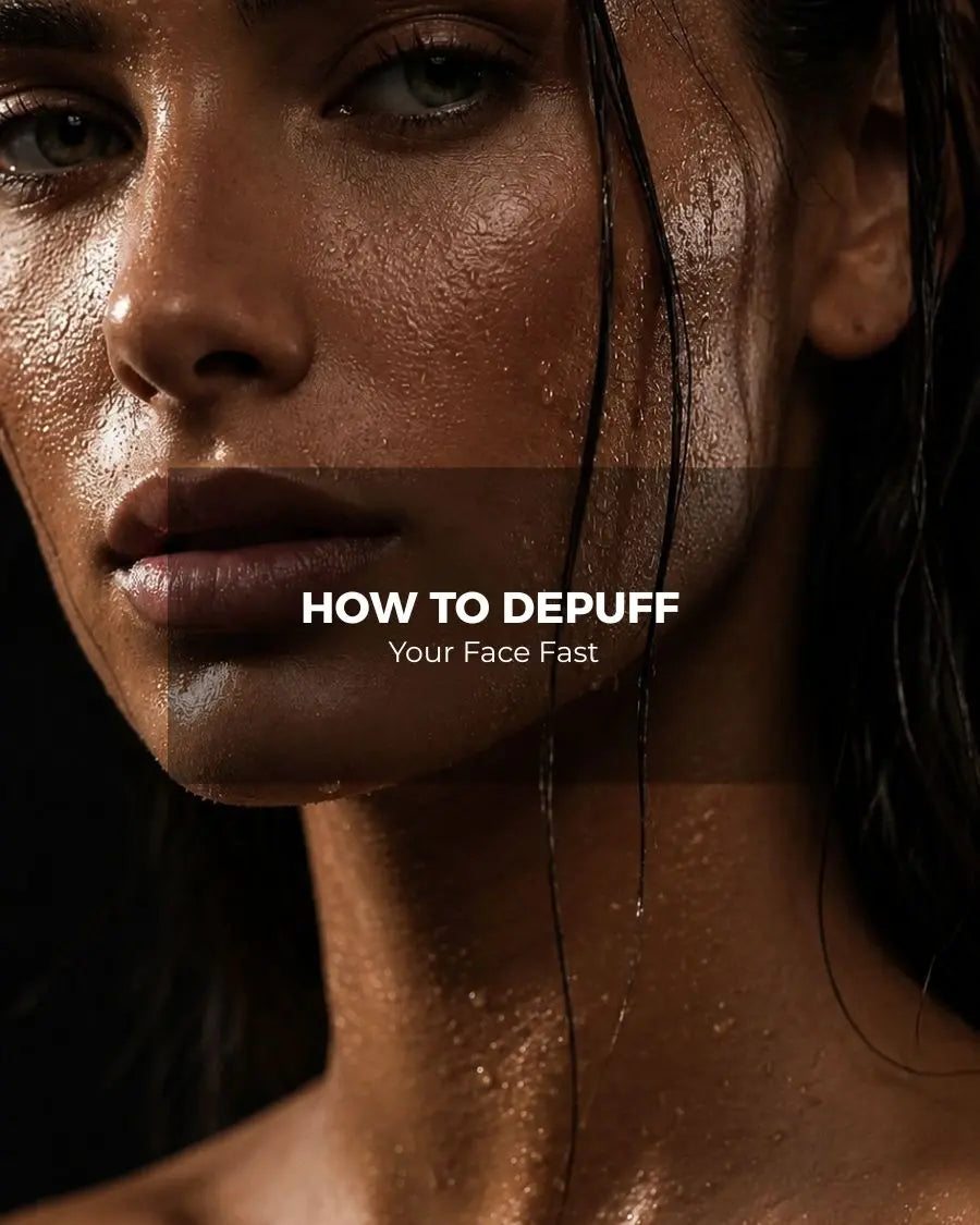 Woman with puffy face in morning mirror — How to Depuff Your Face Fast with cold therapy, facial massage and contrast ritual — Frosteam
