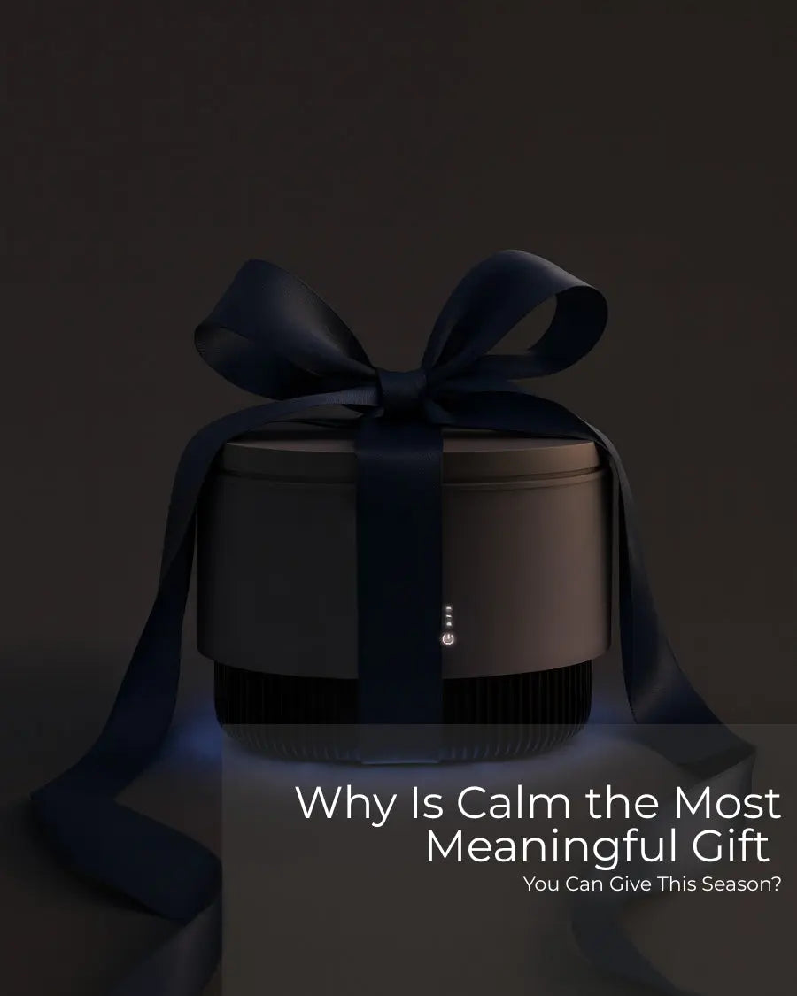 Frosteam device wrapped with a black ribbon, illustrating why calm is the most meaningful gift this season.